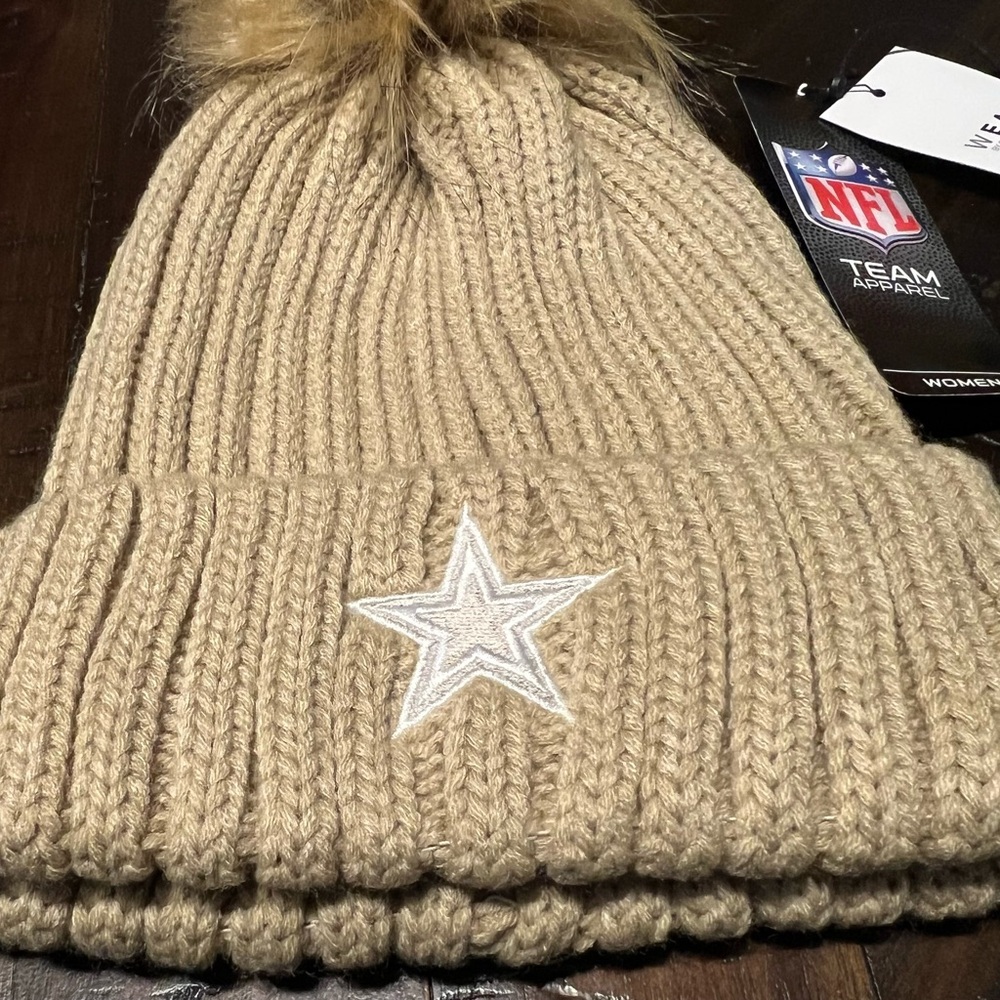 NFL Dallas Cowboys Football Women’s WEAR Neutral Brown Cuffed Knit Hat with Pom